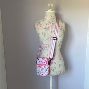 Pink and White Floral Crossbody Bag with Adjustable Strap